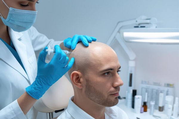 Un medico con siringa e guanti blu esegue un trapianto di capelli su un giovane uomo