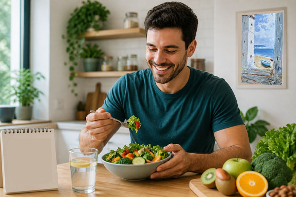 fotografia di una persona in un ambiente sano, mentre mangia frutta e verdura.