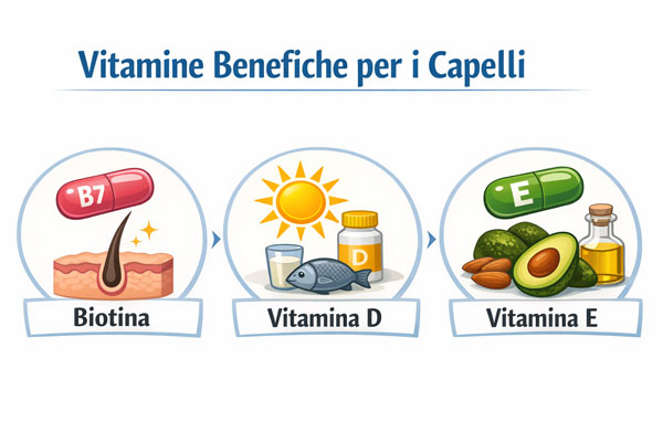 un semplice schema che illustra le principali vitamine benefiche per i capelli.